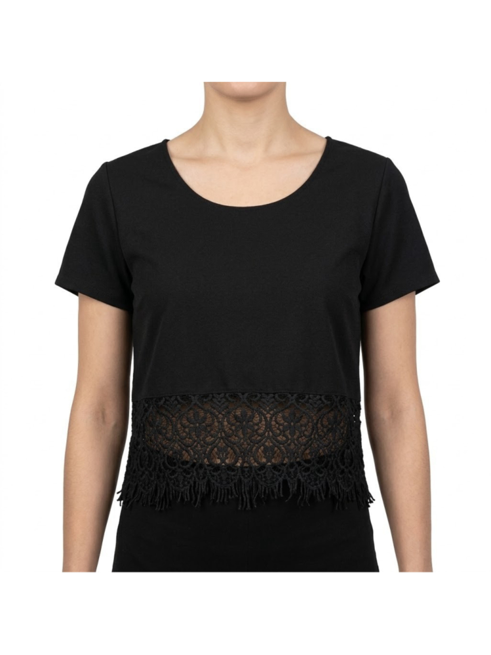 AMULET Women Black Short Sleeve Lace Trim Crop Top Shirt